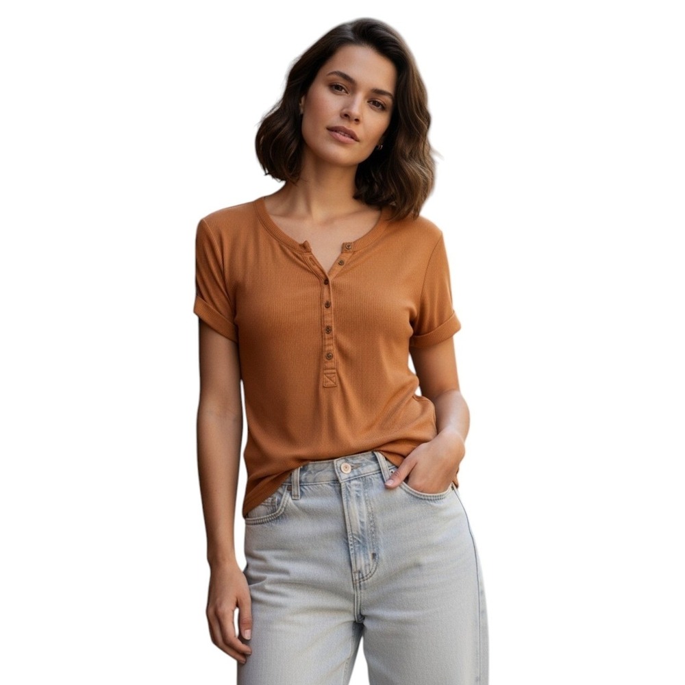 Pilcro‎ x Anthropologie Andie Ribbed Henley Top Shirt Terracotta Brown Large